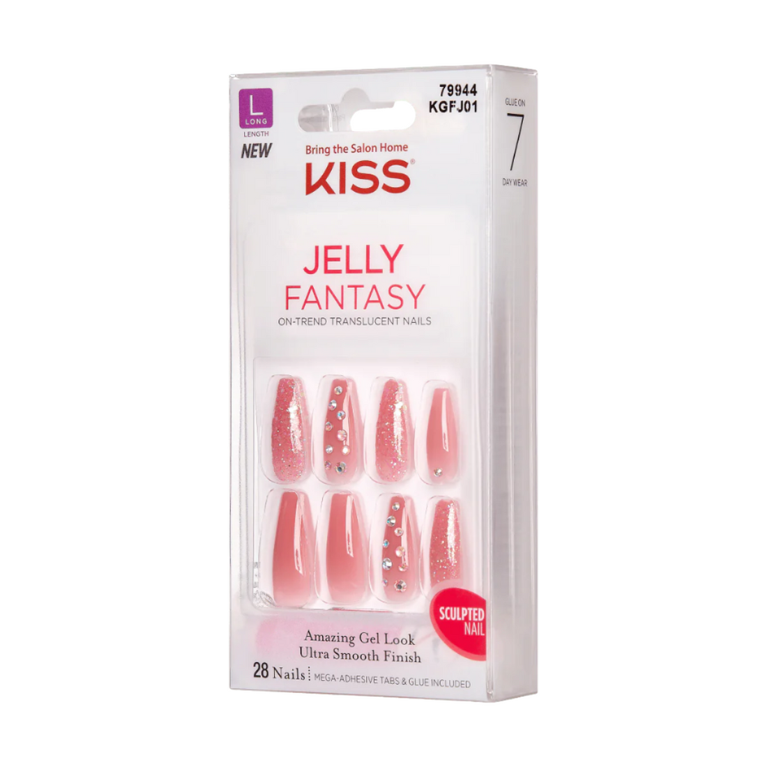 Vista cercana de uñas postizas KISS Jelly Fantasy con acabado rosa gelatinoso, brillos integrados y aplicaciones de piedras