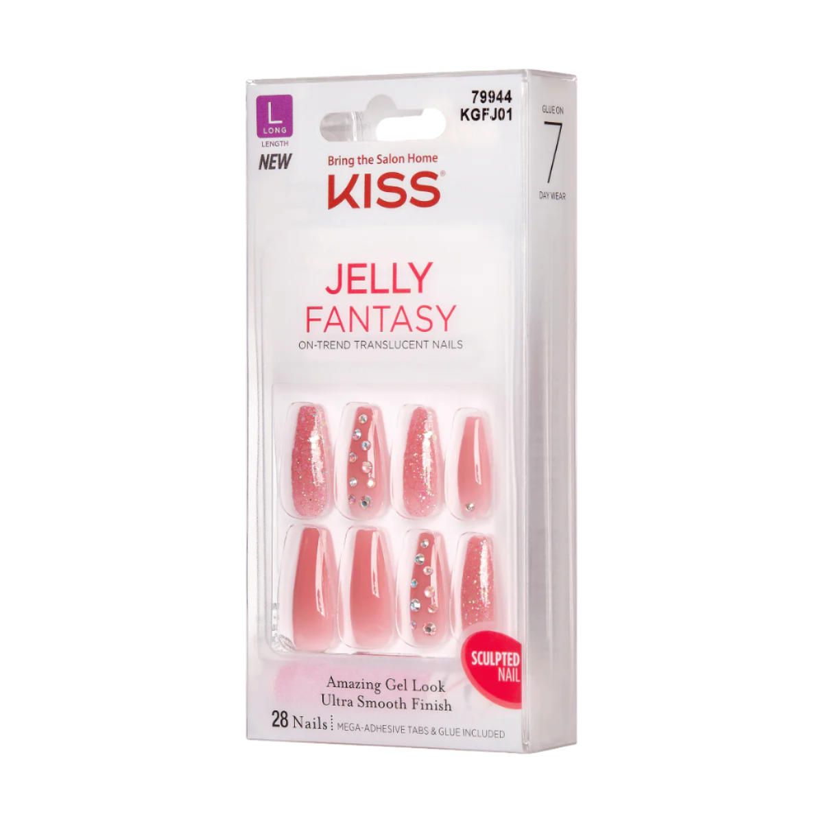 Vista cercana de uñas postizas KISS Jelly Fantasy con acabado rosa gelatinoso, brillos integrados y aplicaciones de piedras