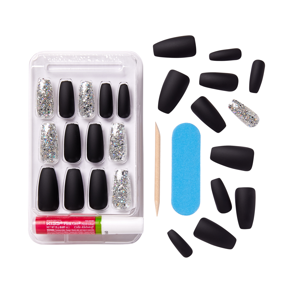 KISS Gel Fantasy Uñas Negras y Plateadas con Glitter Coffin - A Whole New World