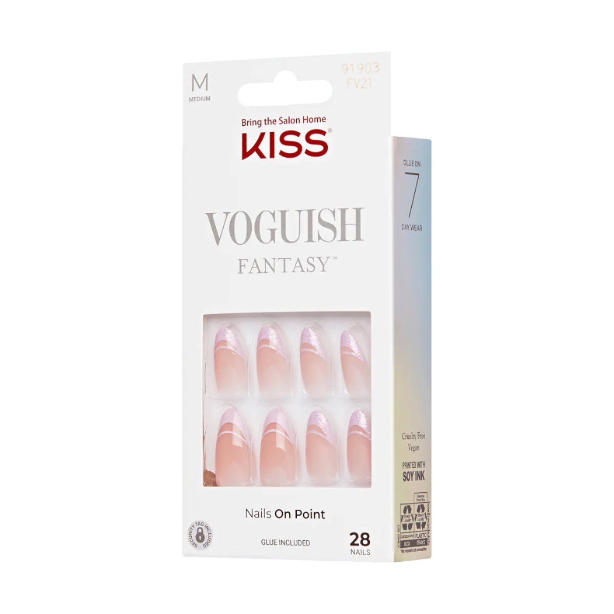 KISS Voguish Fantasy Uñas Punta Francesa Rosa Glitter Almond - Rainy Night