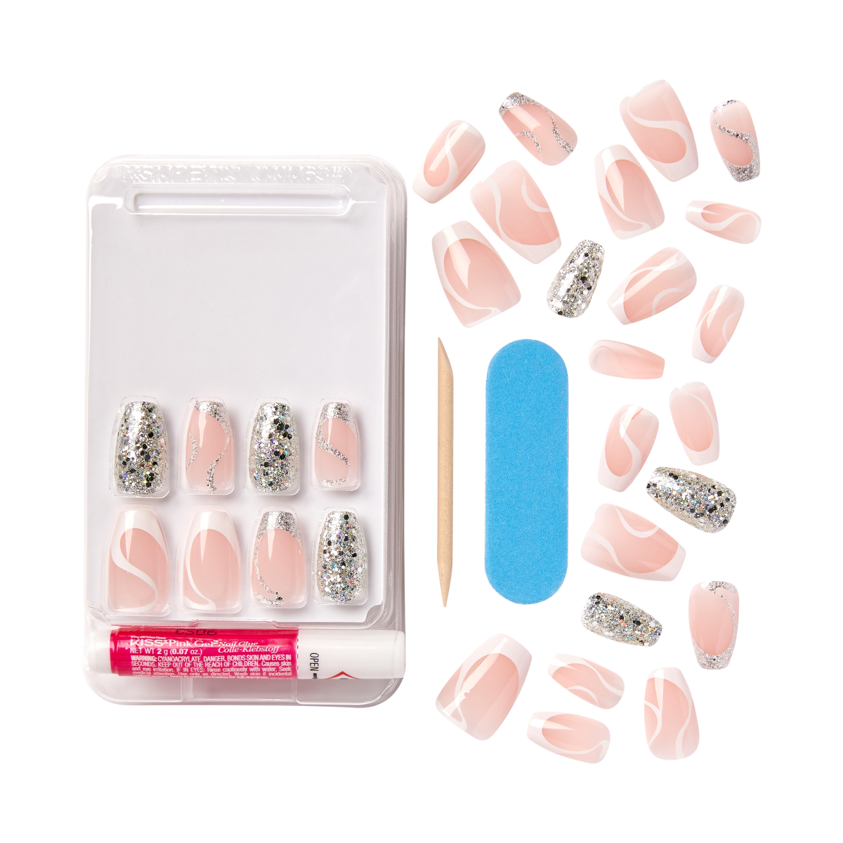 KISS Voguish Fantasy Uñas Punta Francesa Glitter Coffin - Fashspiration