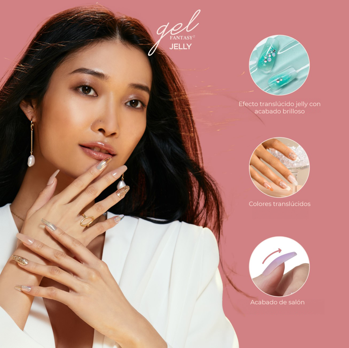 Uñas Postizas Gel KISS Jelly Fantasy Be Jelly - Rosa con Brillos y Piedras Coffin