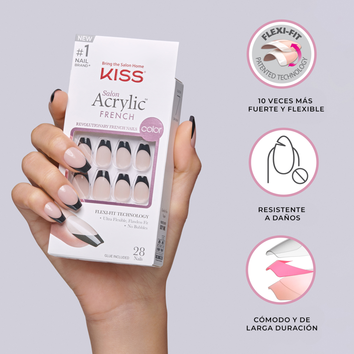 KISS Salon Acrylic Uñas Punta Francesa Rosa Coffin - Squared