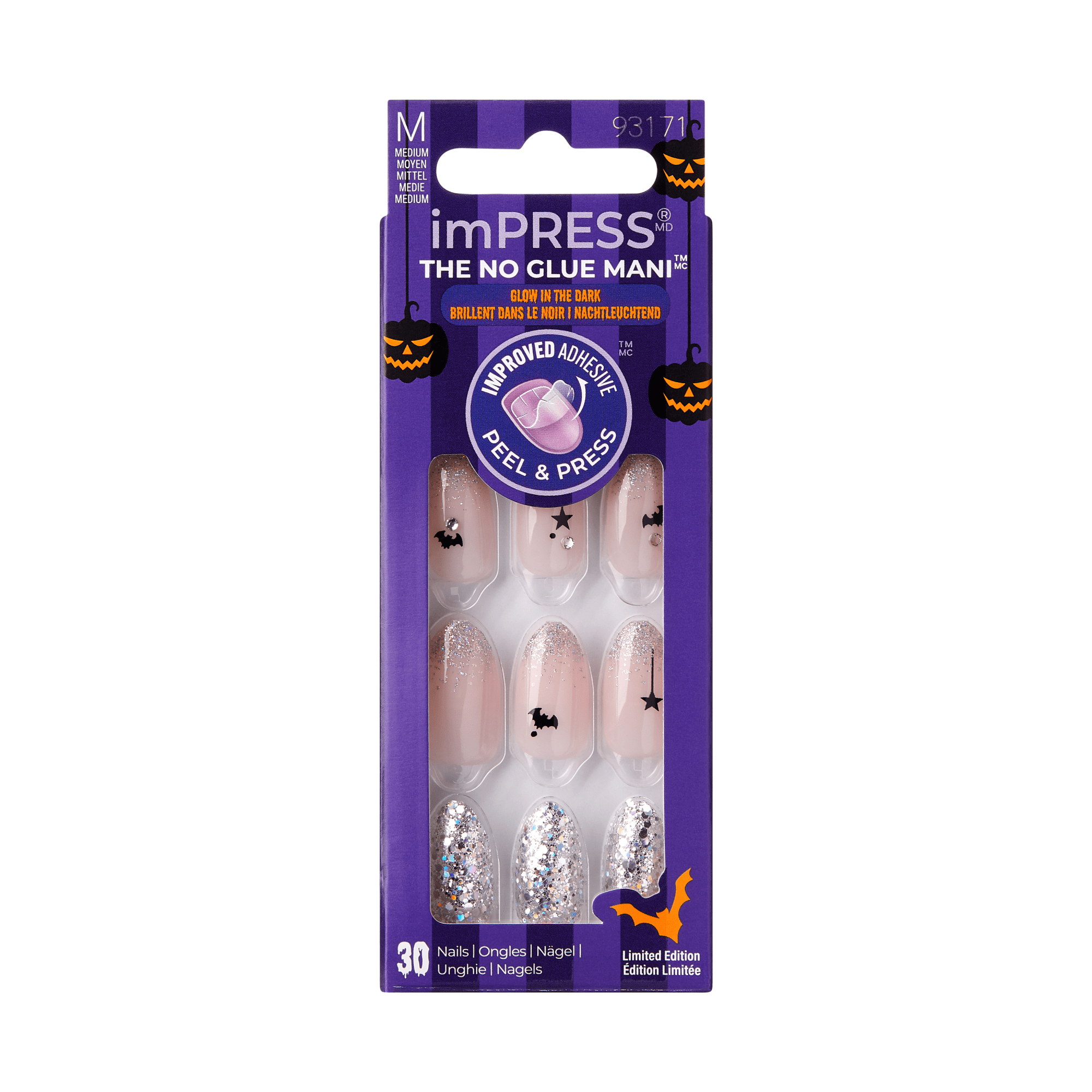 imPRESS Halloween Caution Ahead - Uñas Press-On Plata Brillan en la Oscuridad