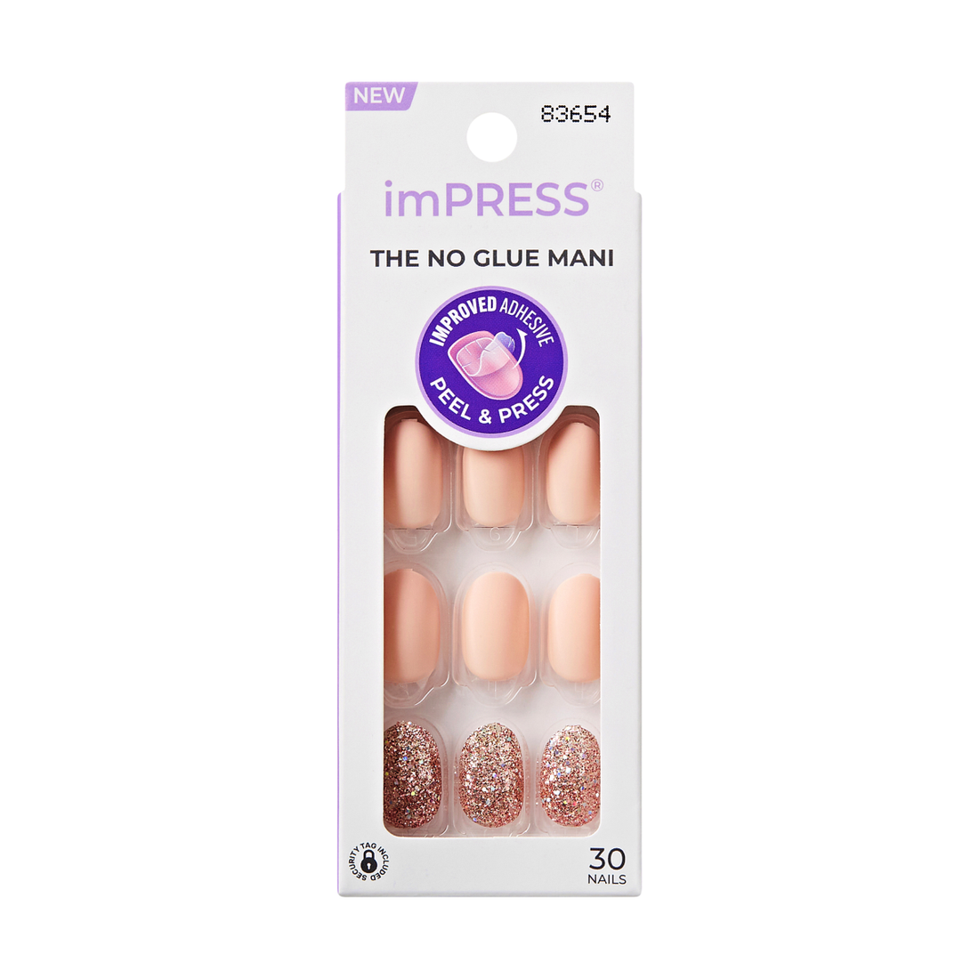 Uñas press-on imPRESS Evanesce nude con brillos - vista frontal del empaque