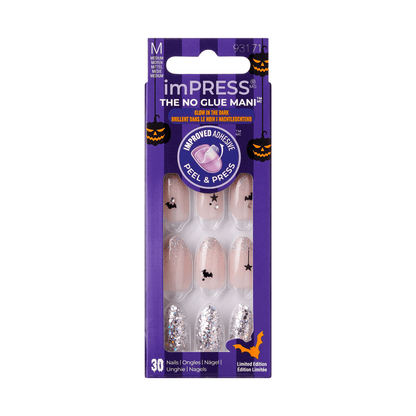 imPRESS Halloween Caution Ahead - Uñas Press-On Plata Brillan en la Oscuridad